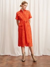 Rowena Orange Lace Midi Shirt Dress Women39s Lace Dresses KITRI at Kitri